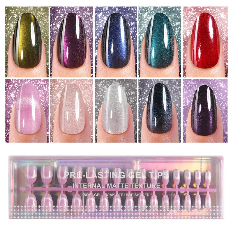 Plauva Cat Eye Press on Nails, 300Pcs Short Oval Cat Eye Nail Tips, Glossy Glitter Soft Gel Fake Nails for Women and Girls Stick On Nails in 15 Sizes - Image 1